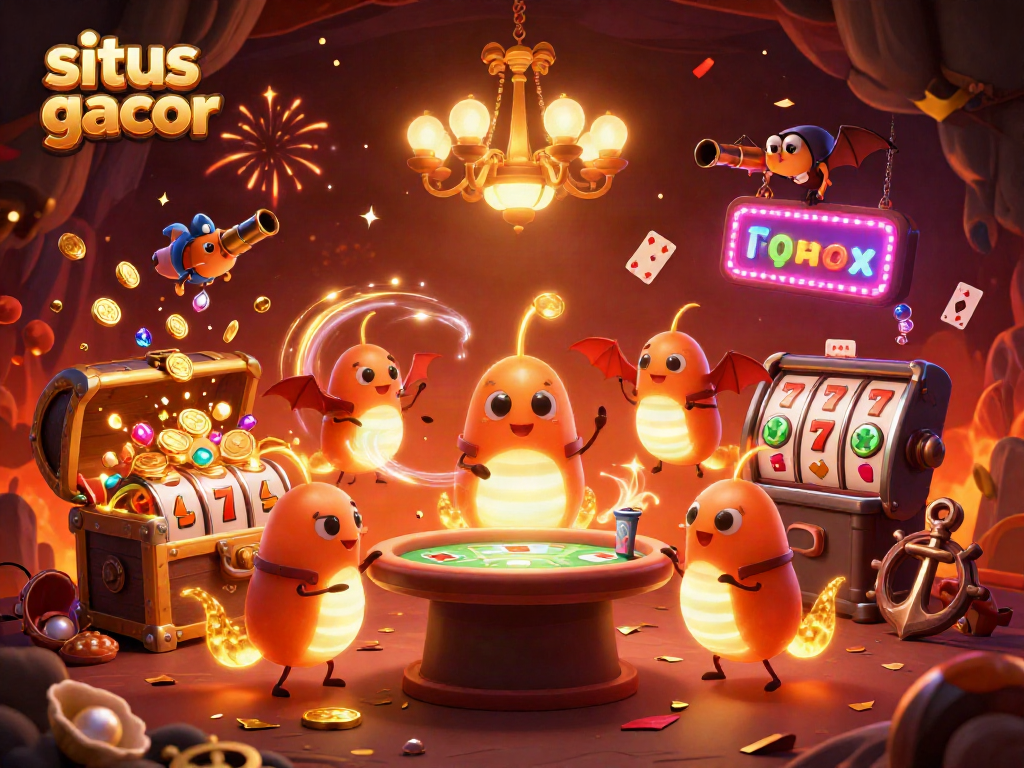 Engage in the thrilling world of situs slot gacor with dynamic characters lighting a vibrant cave casino scene.