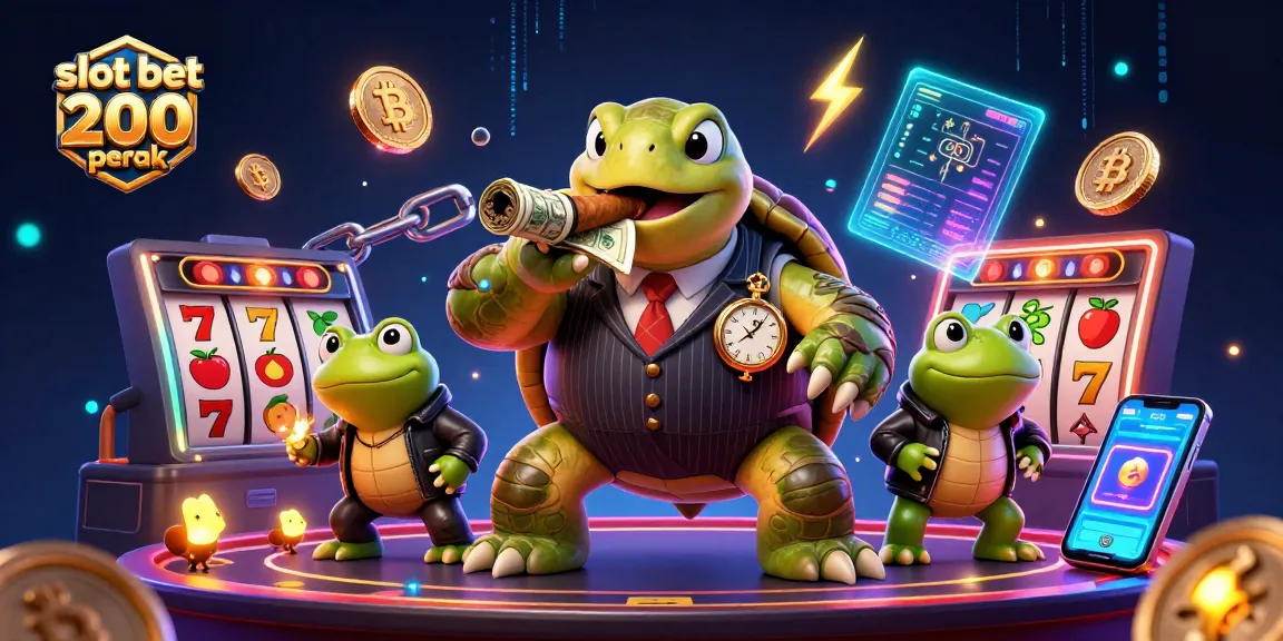 Taruhan slot bet 200 perak dengan simbol slot, koin kripto, dan elemen kasino lainnya.