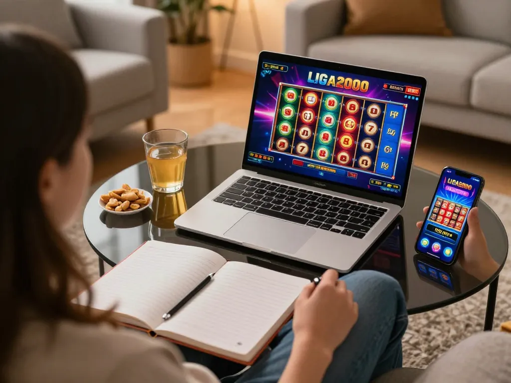 LIGA2000 player enjoying slot games on laptop and smartphone in a cozy home setting.
