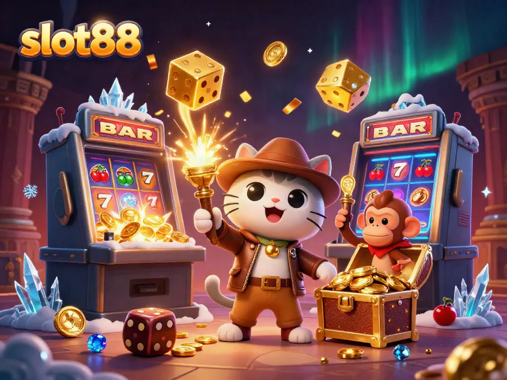 Permainan slot88 menampilkan penjelajah kucing kartun menemukan artefak kasino dengan koin berhamburan.