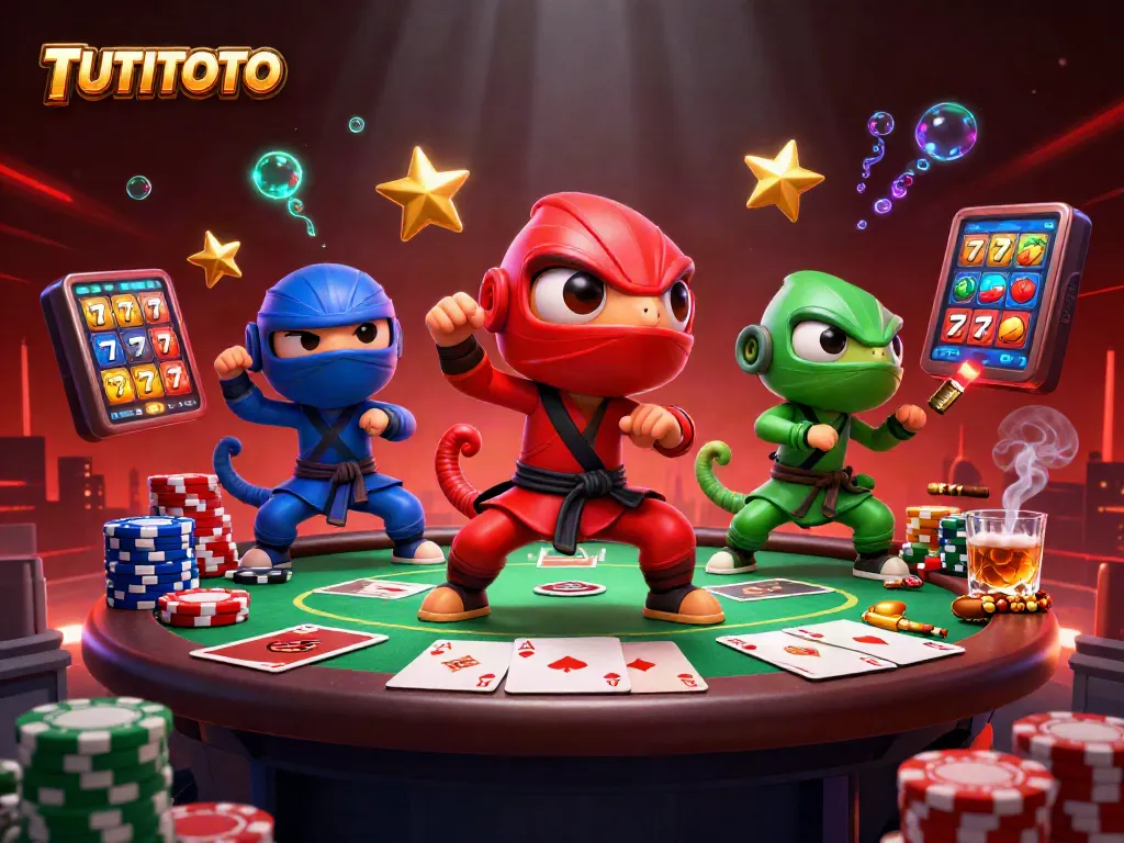Experience thrilling moments with TUTITOTO's chameleon team showcasing poker excitement in an action-packed scene.