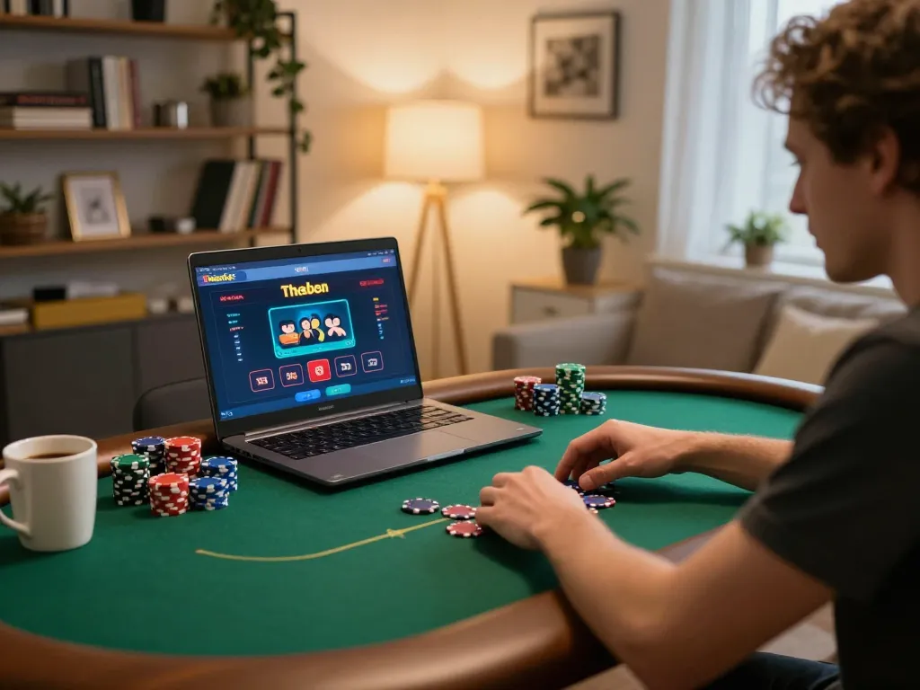 Thabet online casino setup showing player engaged in poker gameplay with decorative elements around