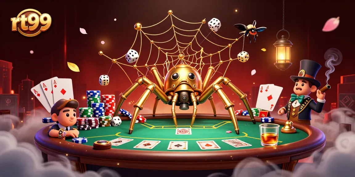 Experience the thrill of rt99 with a steampunk spider illustration in a vibrant casino scene.