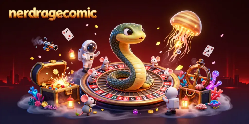 Gambarkan malam yang penuh warna dengan nerdragecomic, di mana kura-kura Saturnus berputar sebagai roda roulette dan tikus astronot bertaruh.