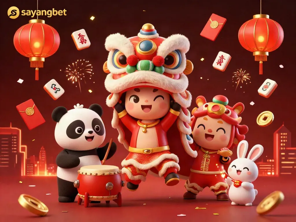 Experience the excitement at sayangbet with festive characters celebrating and surrounded by vibrant gaming elements.