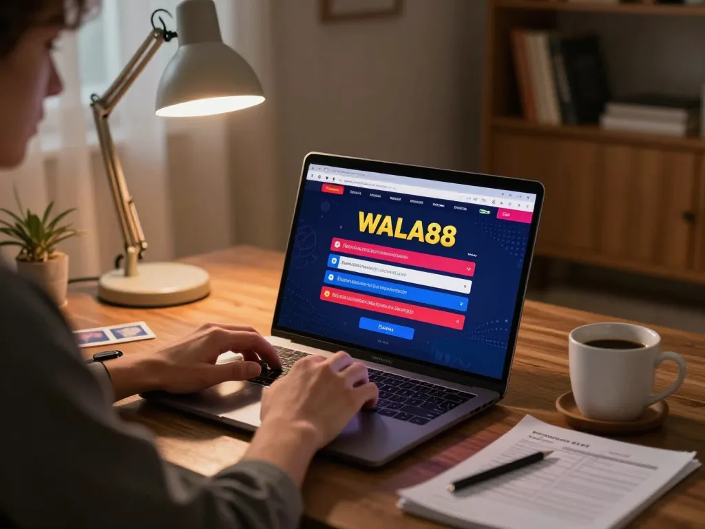 Player enjoying WALA88 online gaming from home, focused on betting strategy with laptop and notes.