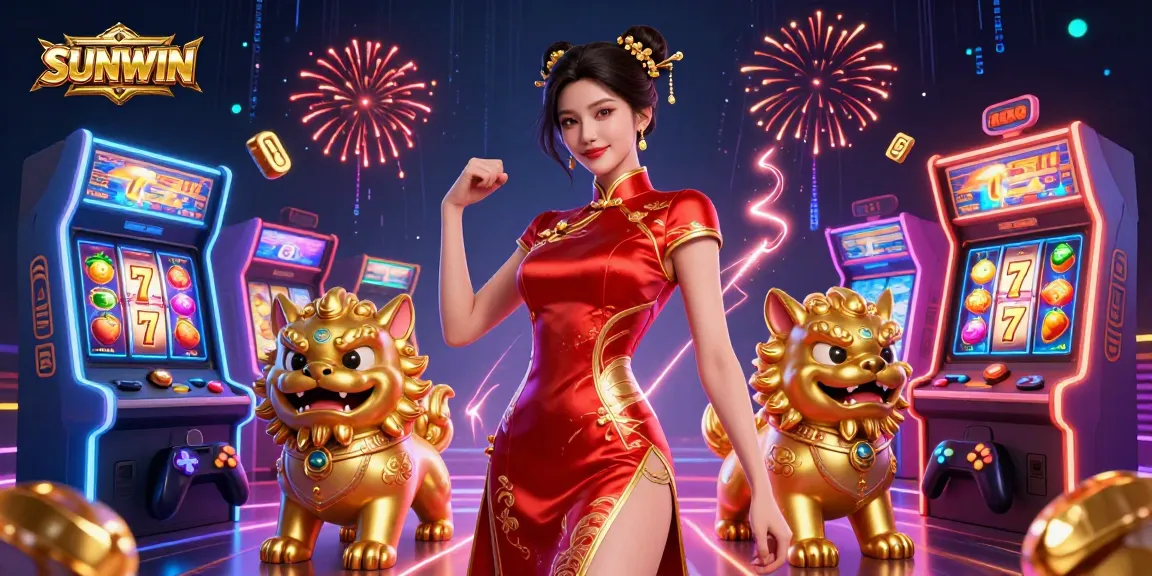 Engage with SUNWIN's vibrant slot gameplay featuring colorful arcade machines and a glamorous host.