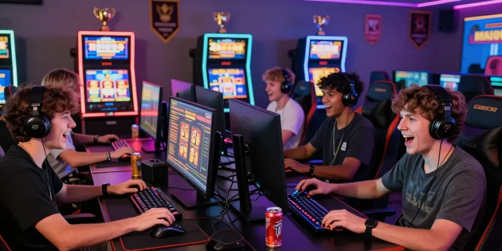 Players enjoying slot gacor games online, showcasing excitement and engagement in a vibrant gaming setup.