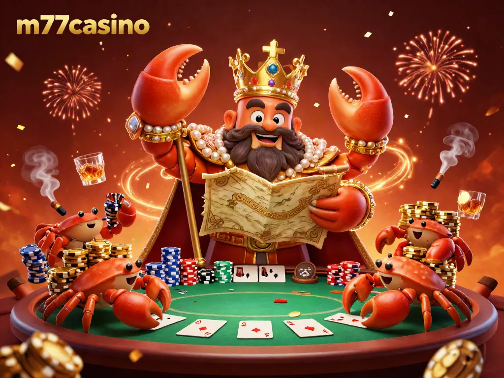 Gambarkan keseruan bermain di m77casino dengan kepiting emas dan elemen kasino yang meriah.