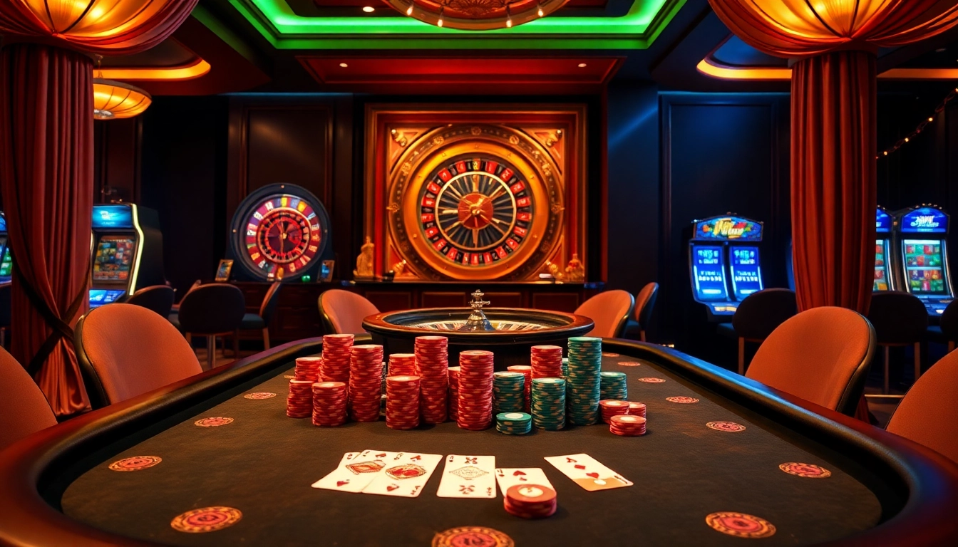 Experience the excitement of rr88 có uy tín at a luxurious casino table filled with chips and cards.