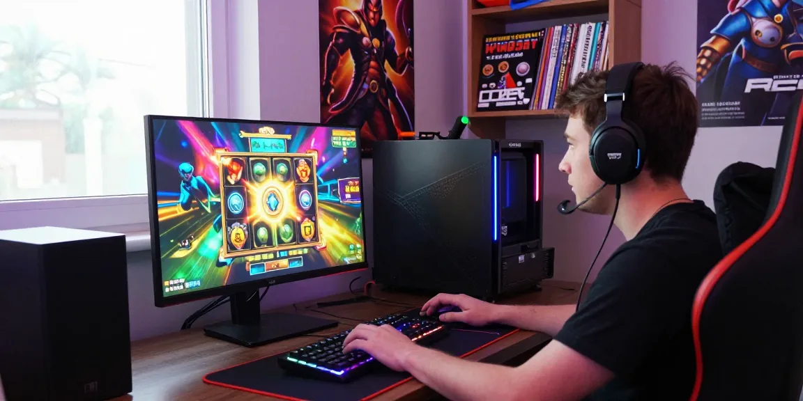 Engaged gamer playing a thrilling toto slot game on desktop, surrounded by colorful gaming accessories.