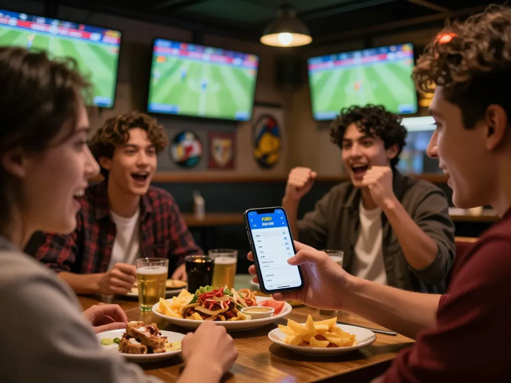 Friends engaging with F168 thể thao app while watching live sports, excitedly placing bets at a lively sports pub.