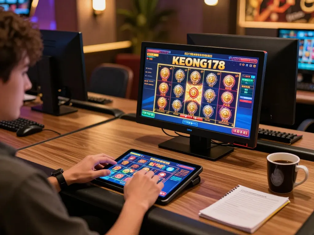 Engaged player enjoying KEONG178 online slot game on tablet in cozy gaming setup.