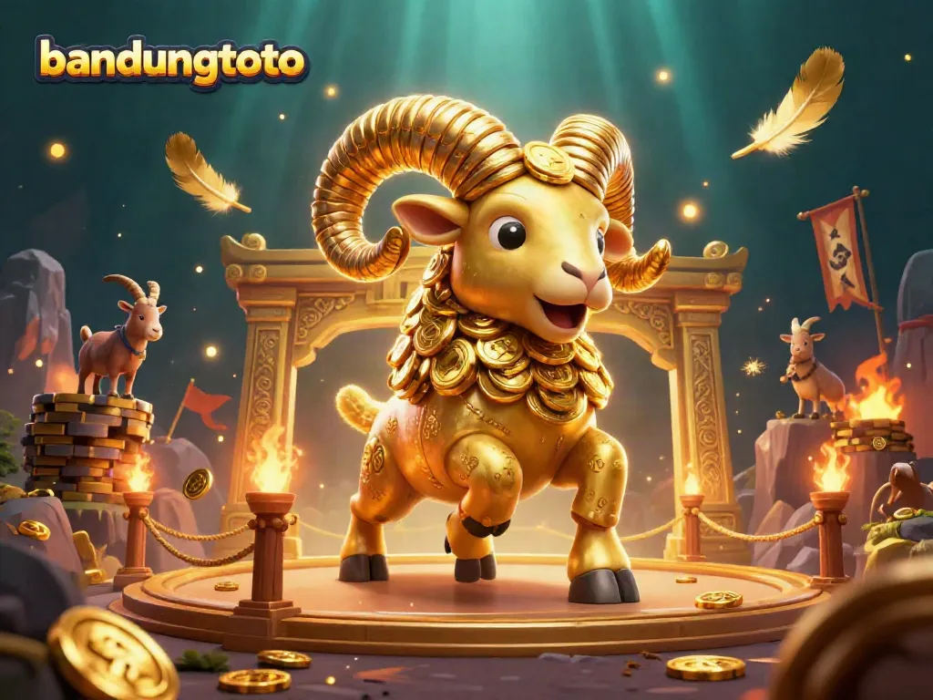 Engage with bandungtoto's vibrant 3D illustration featuring a golden ram charging at a gate amidst a dynamic casino scene.