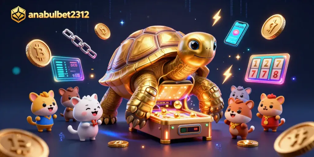 Gambarkan keseruan permainan di anabulbet2312 dengan kura-kura emas dan mesin pinball.