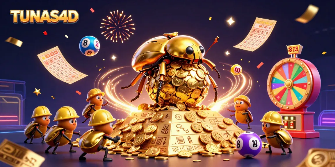 Experience TUNAS4D like never before with a golden beetle pushing coin-filled jackpots in a lively casino