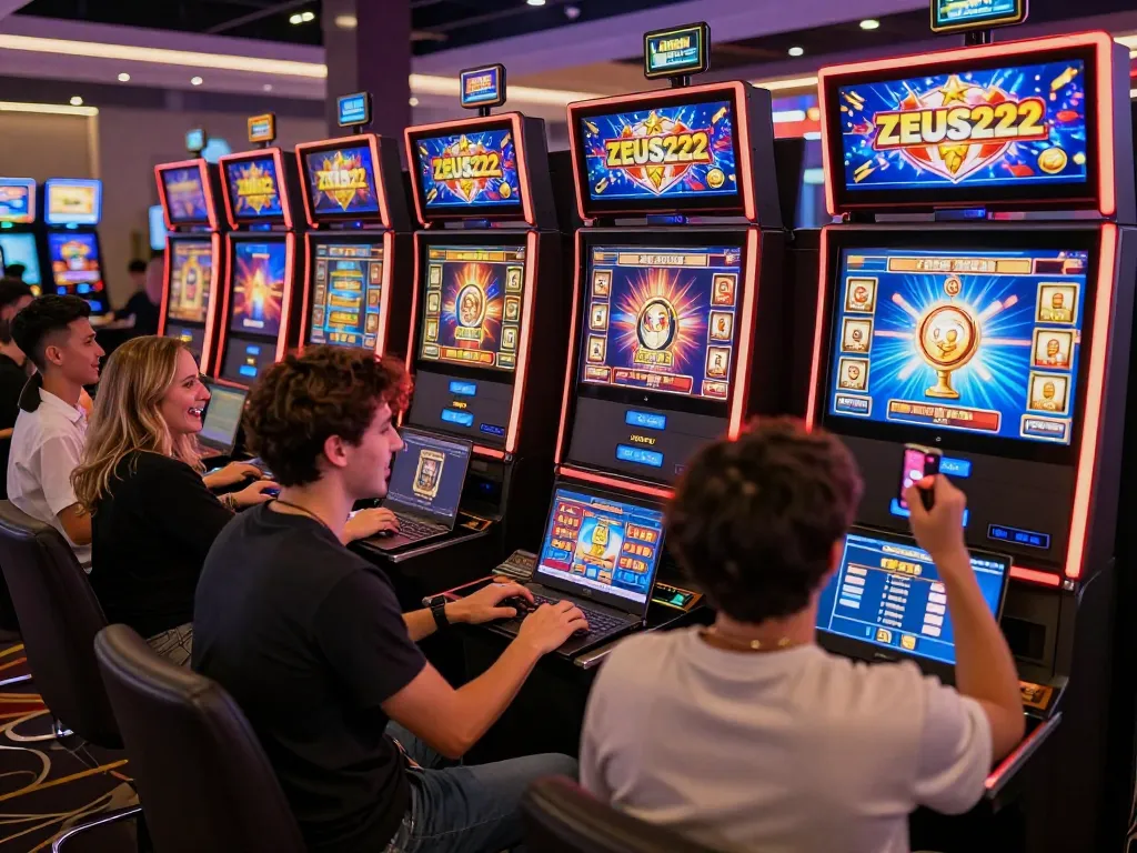 ZEUS222 players enjoying exciting slot games on mobile and laptop devices in an engaging online casino setting.