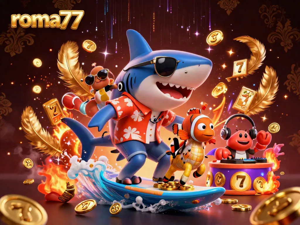 Ilustrasi 3D roma77 menampilkan hiu hammer-head yang berselancar di lautan koin emas dengan simbol slot