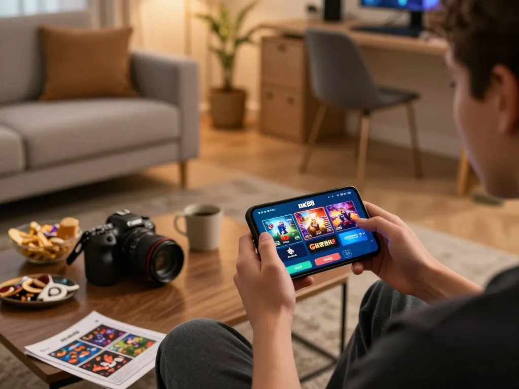 Engaging with the nk88 casino app on smartphone in a cozy home setting.