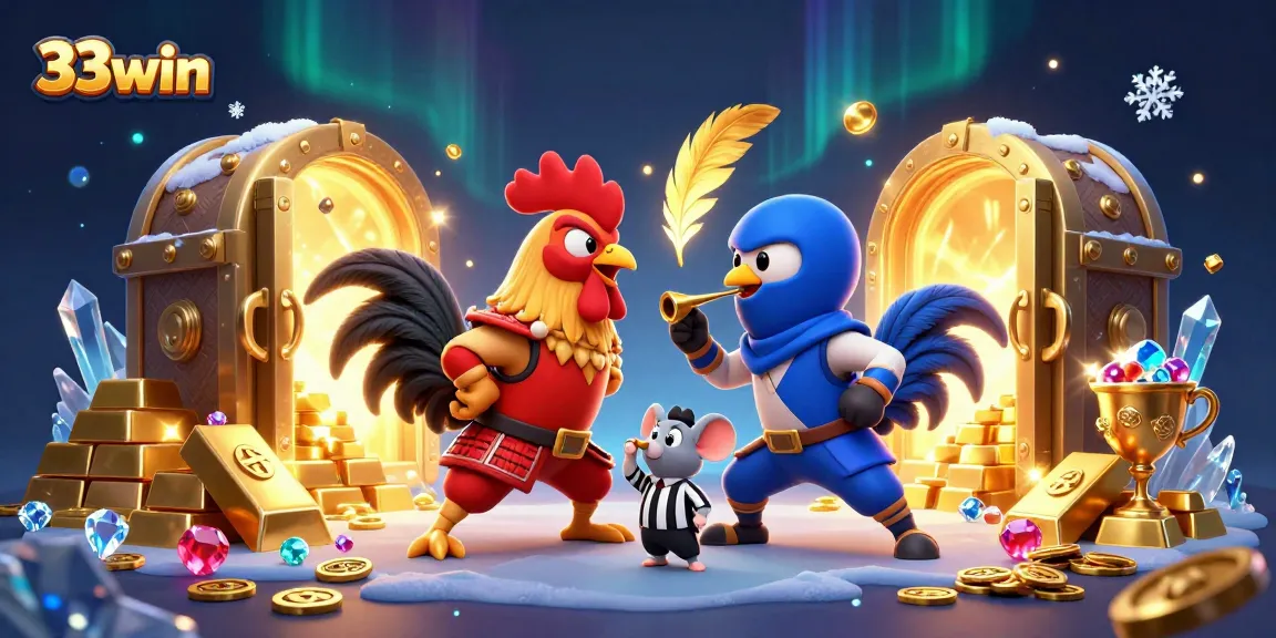 Engage with the thrilling cockfighting scene featuring 33win's dynamic roosters in an epic duel.