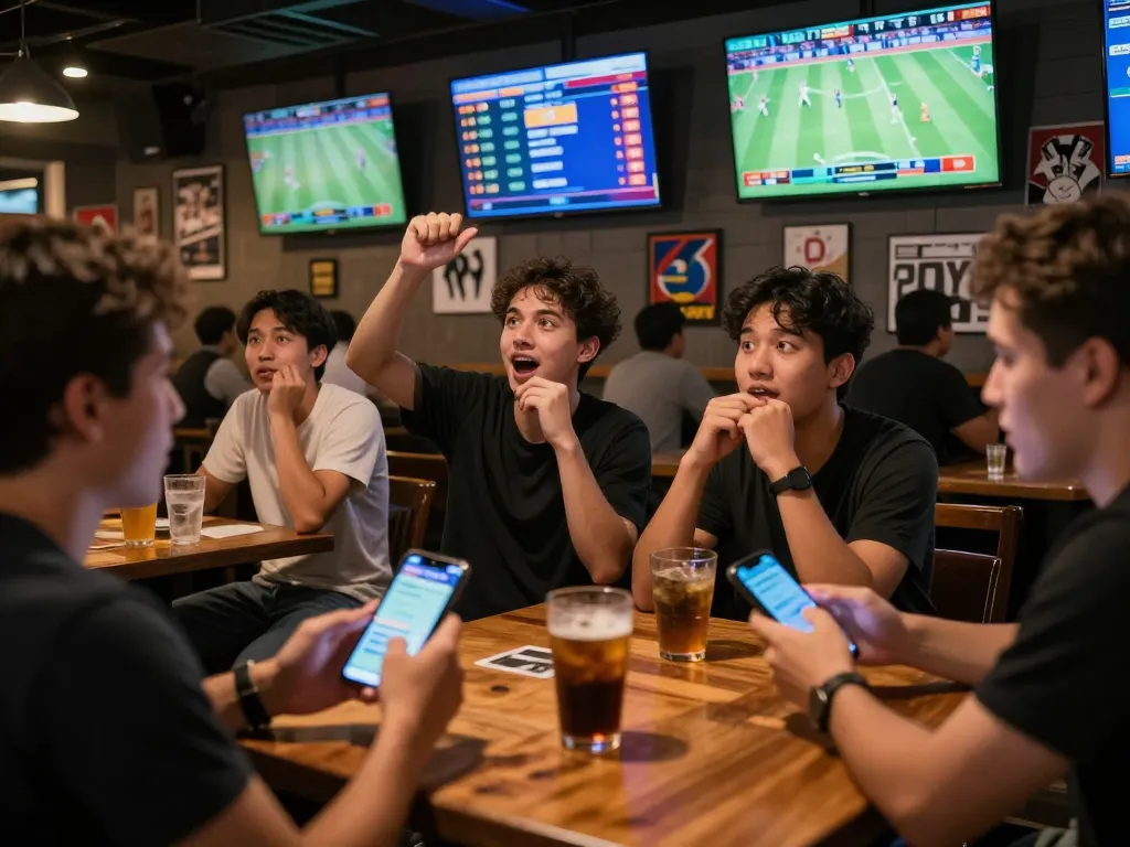 Excited patrons engaging in kèo nhà cái sports betting in a lively sports bar.