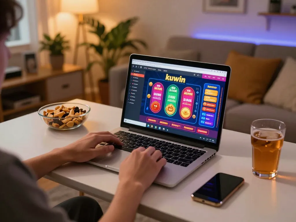 Kuwin player engaged in online casino action using a laptop at a cozy home setup.