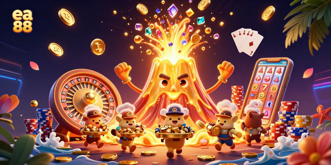 Win big with ea 88 as the golden volcano erupts coins and treasures in this vibrant casino scene.