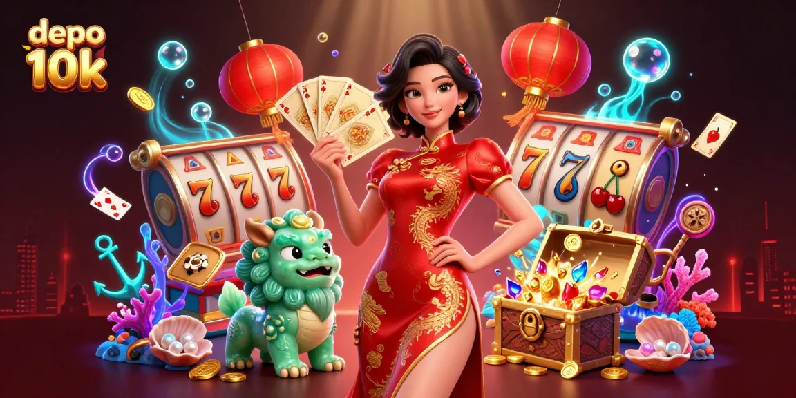 Engage in gaming excitement at depo 10k with an elegant woman and playful jade lion amidst thrilling slot elements.