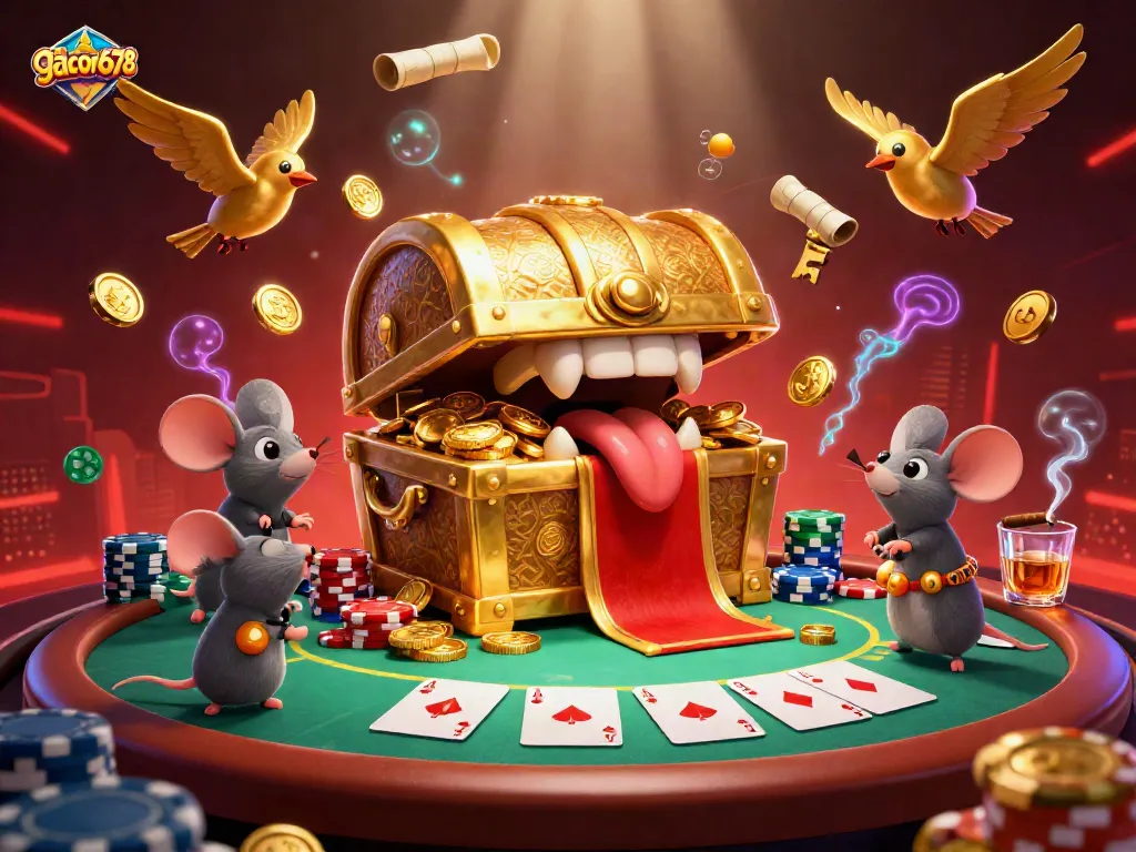 Experience thrilling gaming action at gacor678 with lively scenes of poker excitement and lavish treasures.