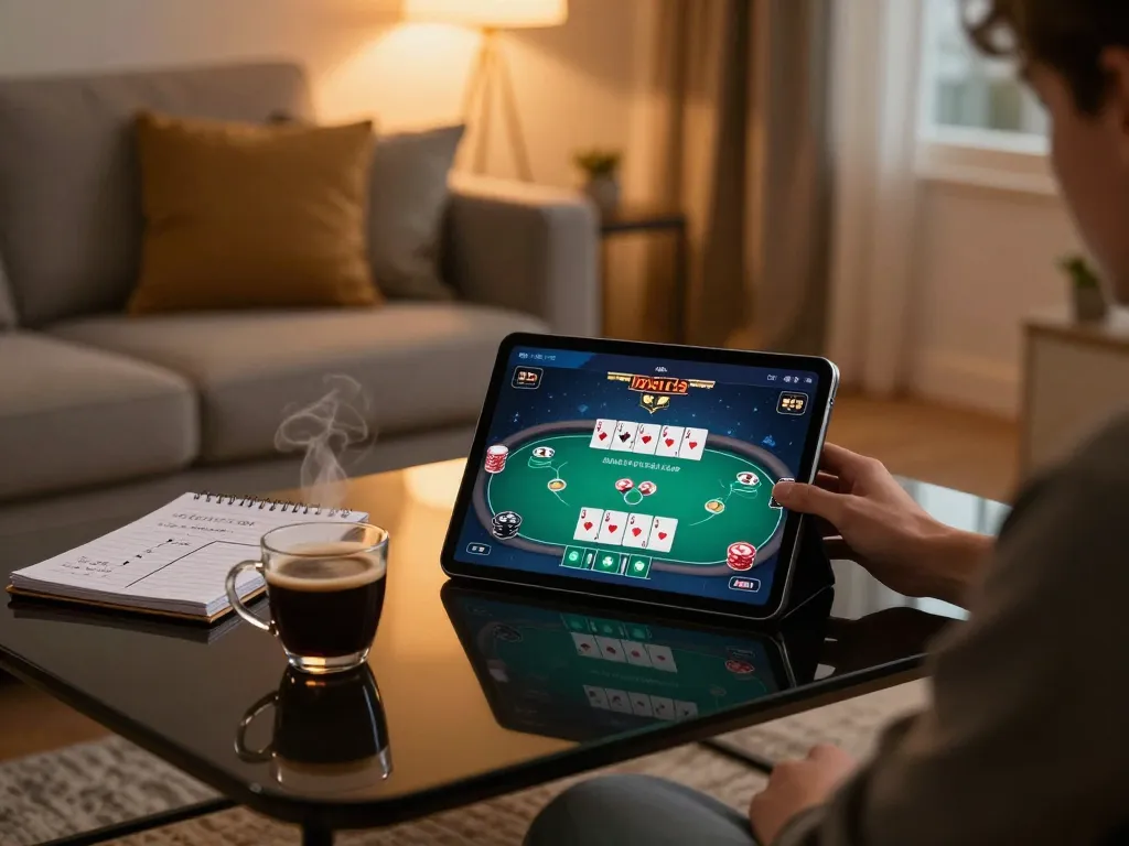 Player strategizing at home on q23win.com using a tablet for online poker, cozy setting with warm lighting.
