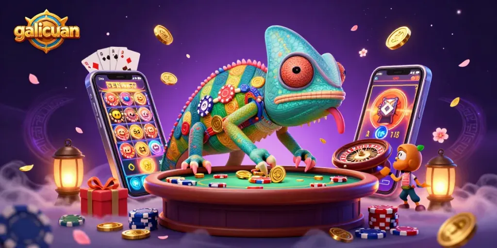 Menyaksikan peluang menang dengan galicuan, Chameleon kasino berwarna poker chip menangkap koin emas di atas meja roulette.