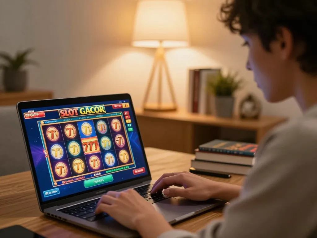 SLOT GACOR 777 gameplay displayed on a laptop in a cozy home setting, showcasing online gambling excitement.