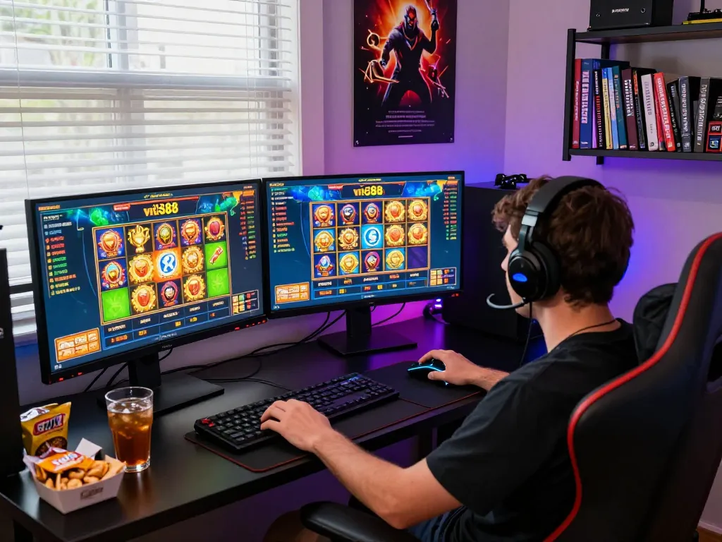 Pemain menikmati permainan slot online virus88 di setup permainan yang cerah