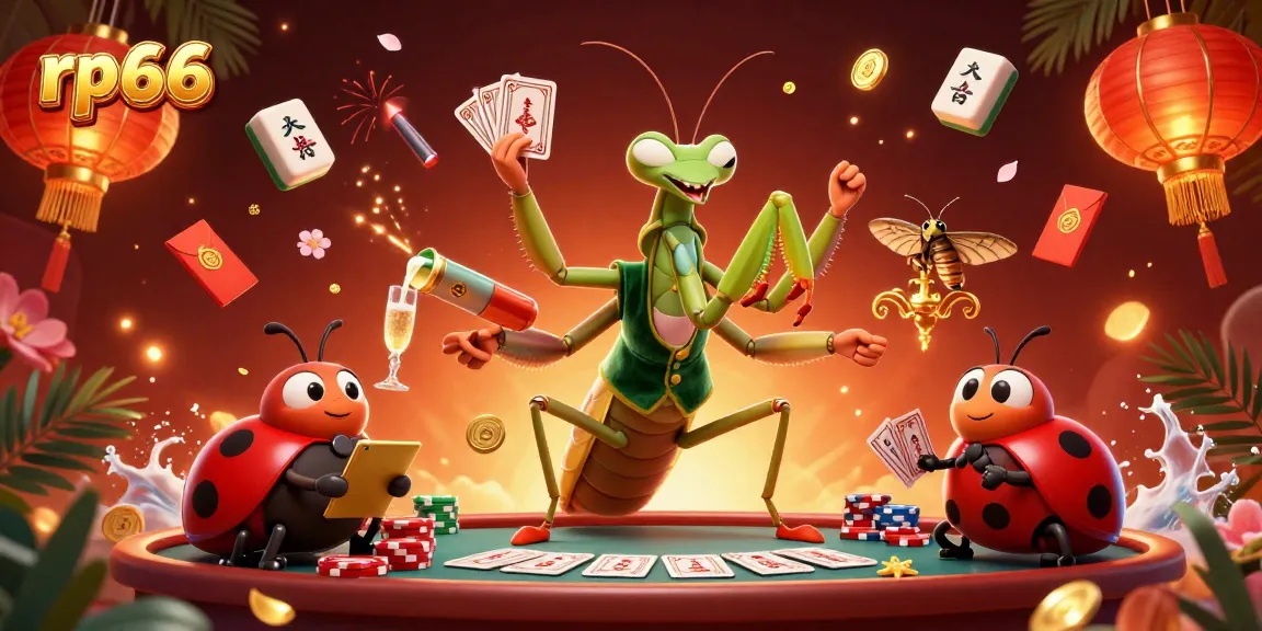 Experience the thrill at rp66 as a mantis dealer showcases cards amid festive casino elements.