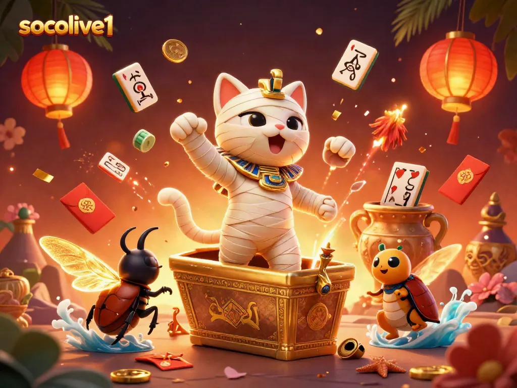Socolive1 entertains with a thrilling 3D casino scene featuring a mummy cat and a scarab beetle.