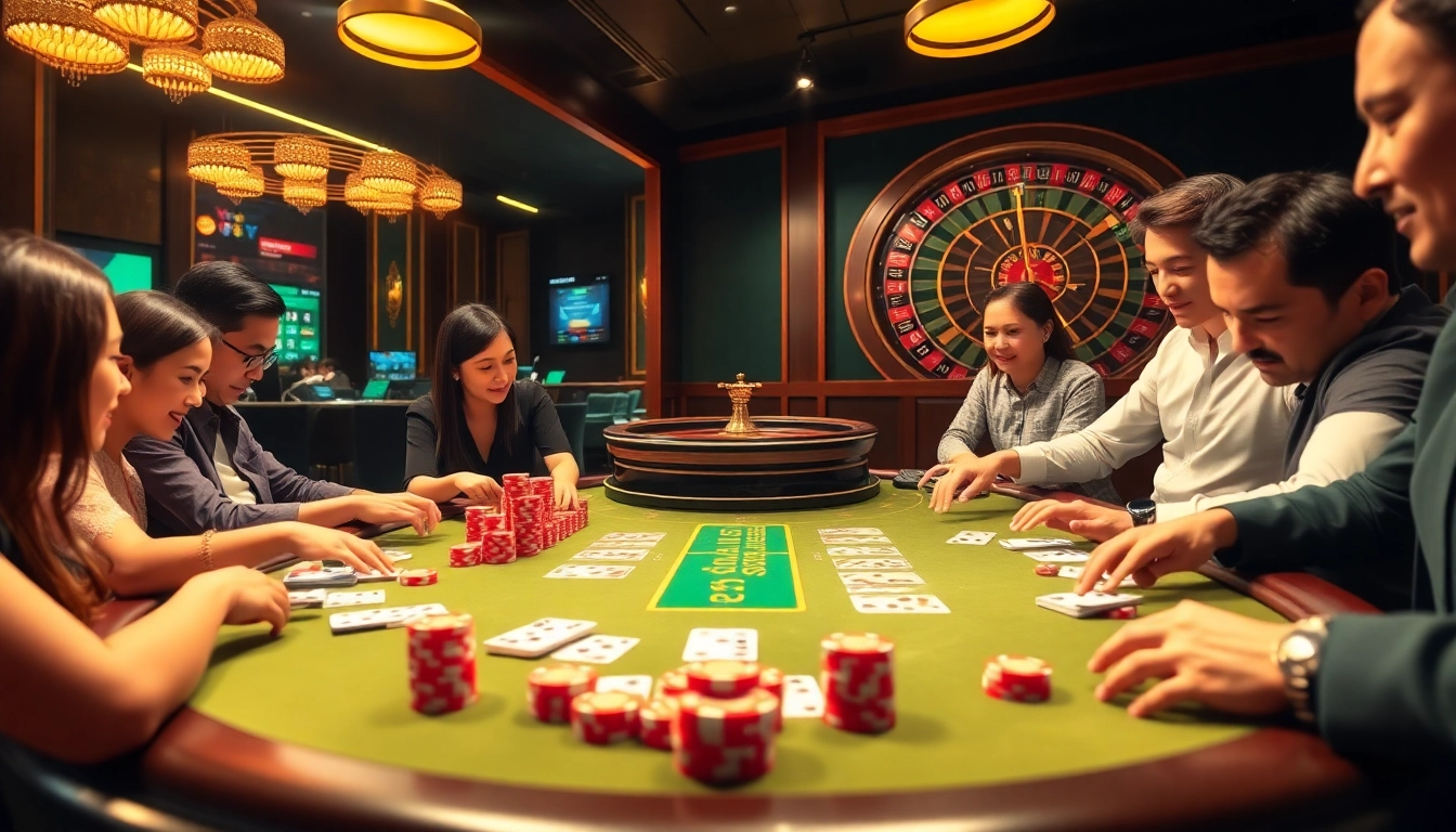 Excited players engaging in a thrilling game of Dominoqiu at an upscale casino, showcasing vibrant poker chips and cards.