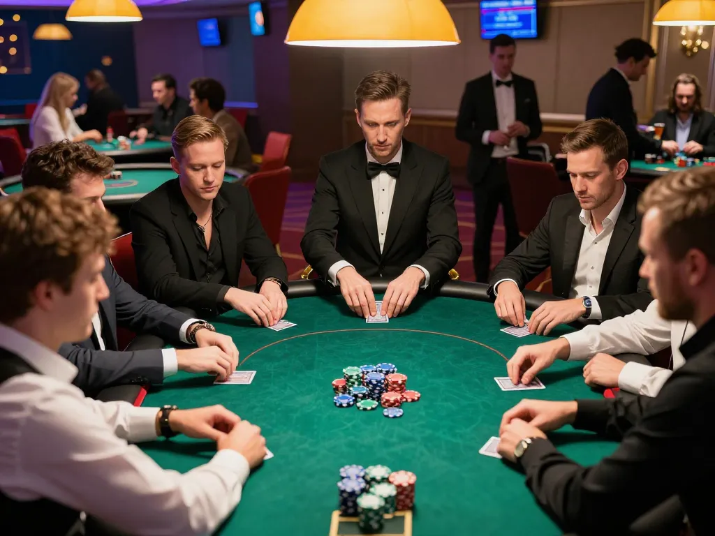 VA88 players strategizing at a high-stakes poker table in an upscale casino atmosphere