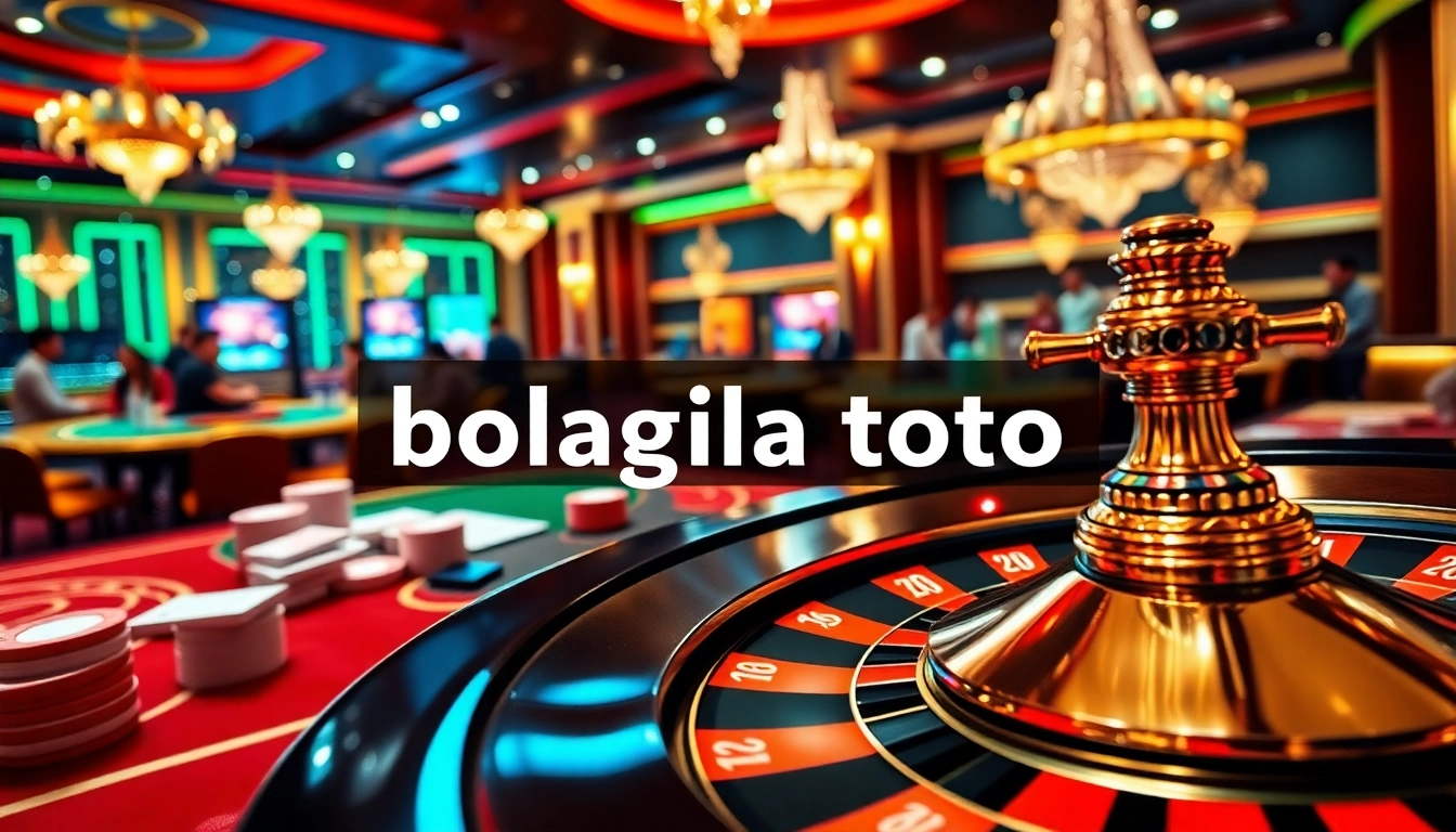 BolaGila Toto features an exciting casino scene with poker chips and a spinning roulette wheel.