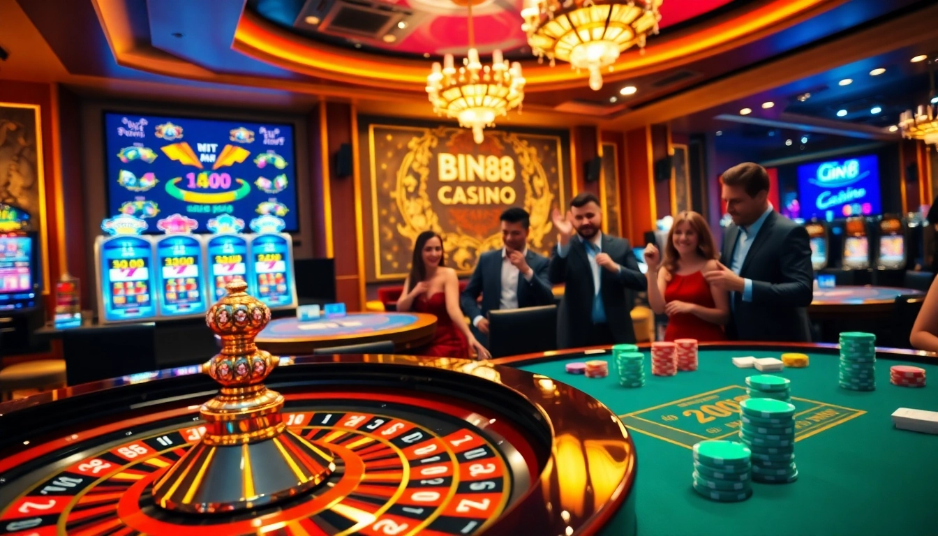 Gamblers experiencing excitement at Bin88 casino with colorful chips and lively gameplay.