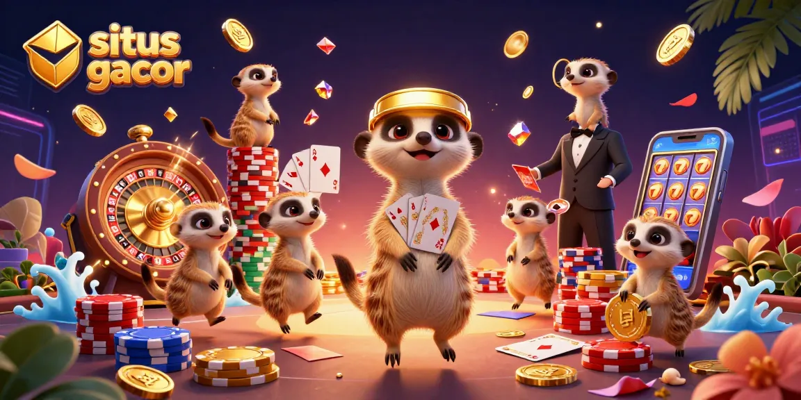Experience the excitement at situs gacor with cartoon meerkats running a vibrant casino.