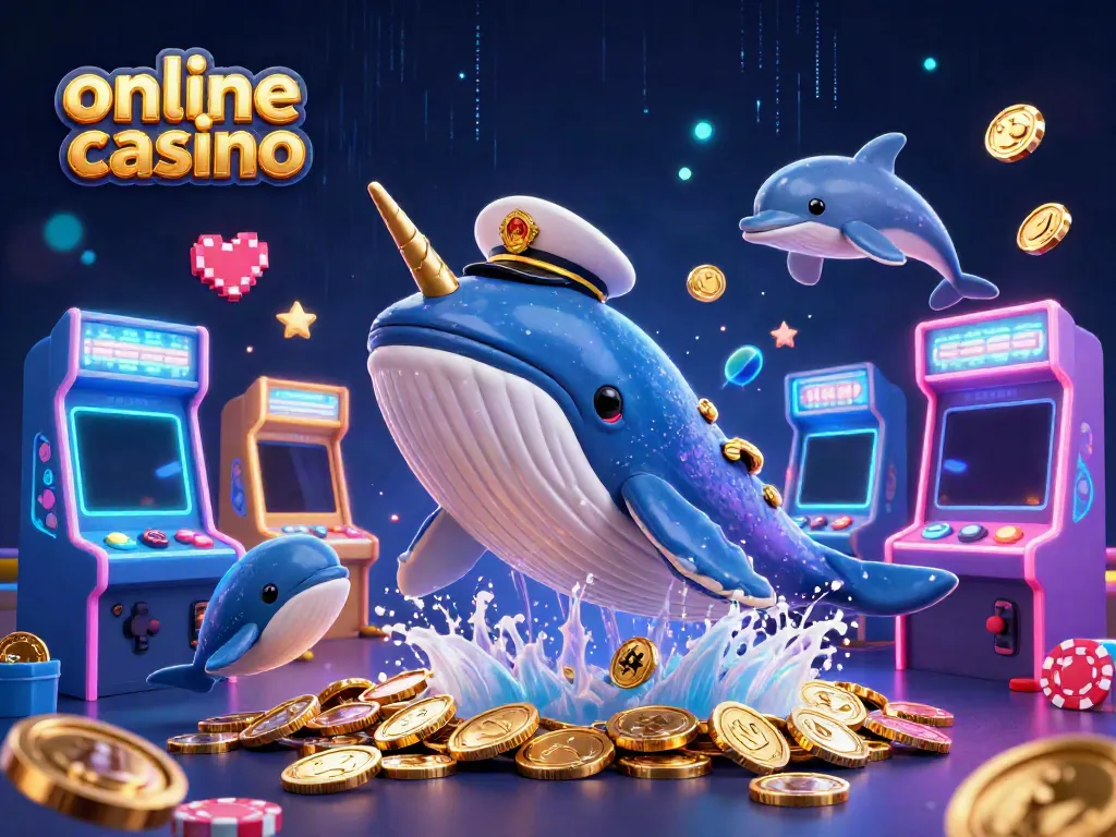 Experience the excitement of an online casino with playful dolphins and a giant whale in a vibrant scene.