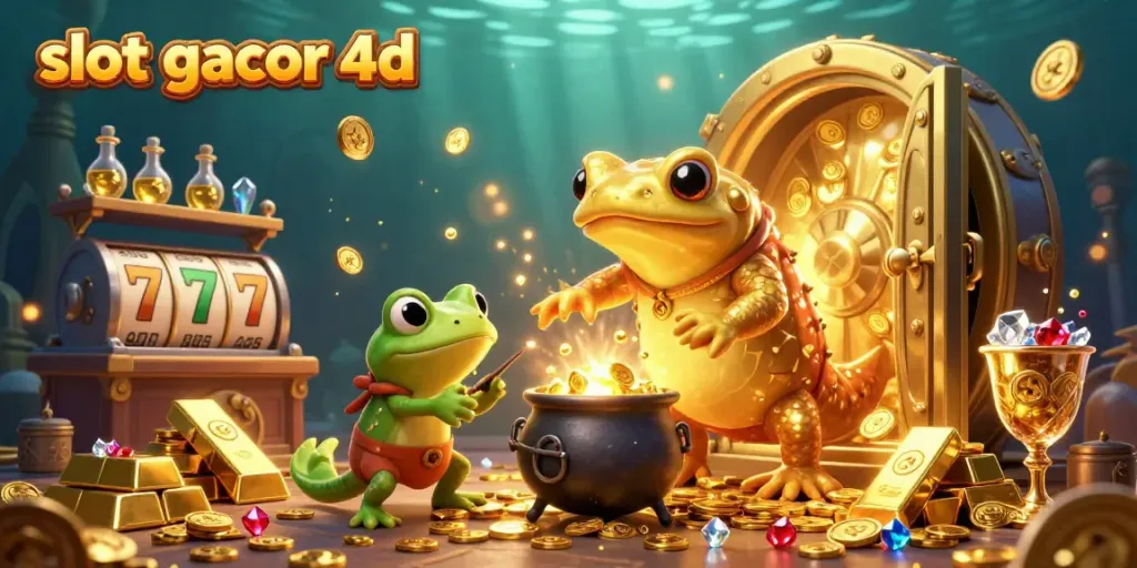 Engage with slot gacor 4d in a vibrant scene featuring golden salamanders, cauldrons of gold, and spinning reels.