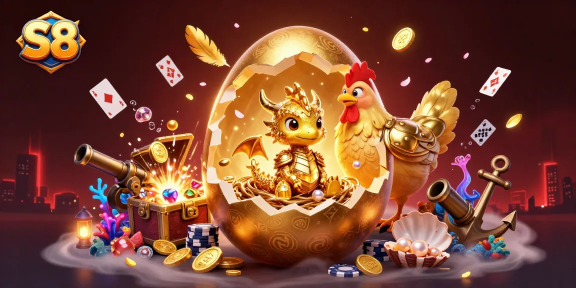 S8 reveals thrilling winnings with a golden dragon and poker chips amidst casino treasures.