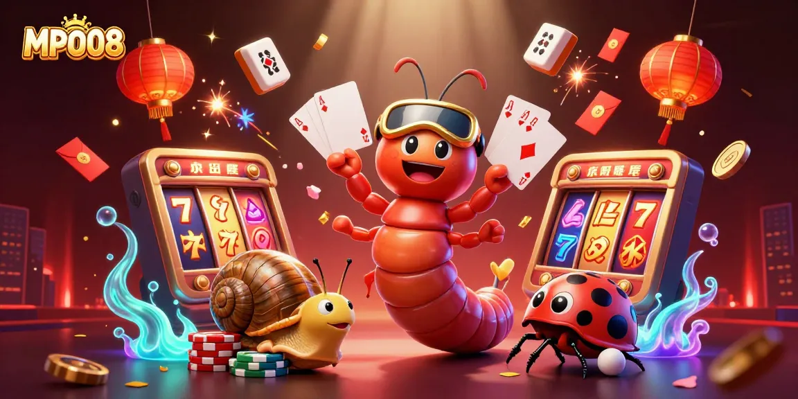 Experience excitement at MPO08 with a colorful casino scene featuring a dynamic cartoon millipede dealer.