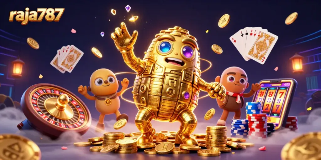 Raja787 mempersembahkan golem emas yang dikelilingi koin berkilau dan simbol mesin slot untuk permainan menawan.