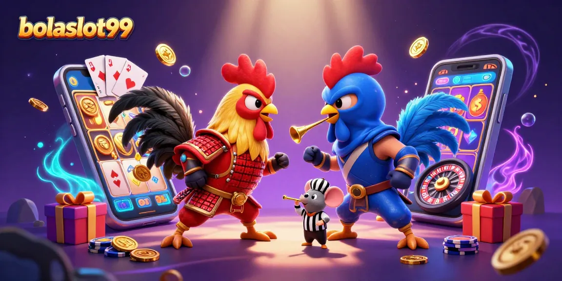Bolaslot99 showcases an epic standoff between colorful cartoon roosters in a vibrant casino scene.
