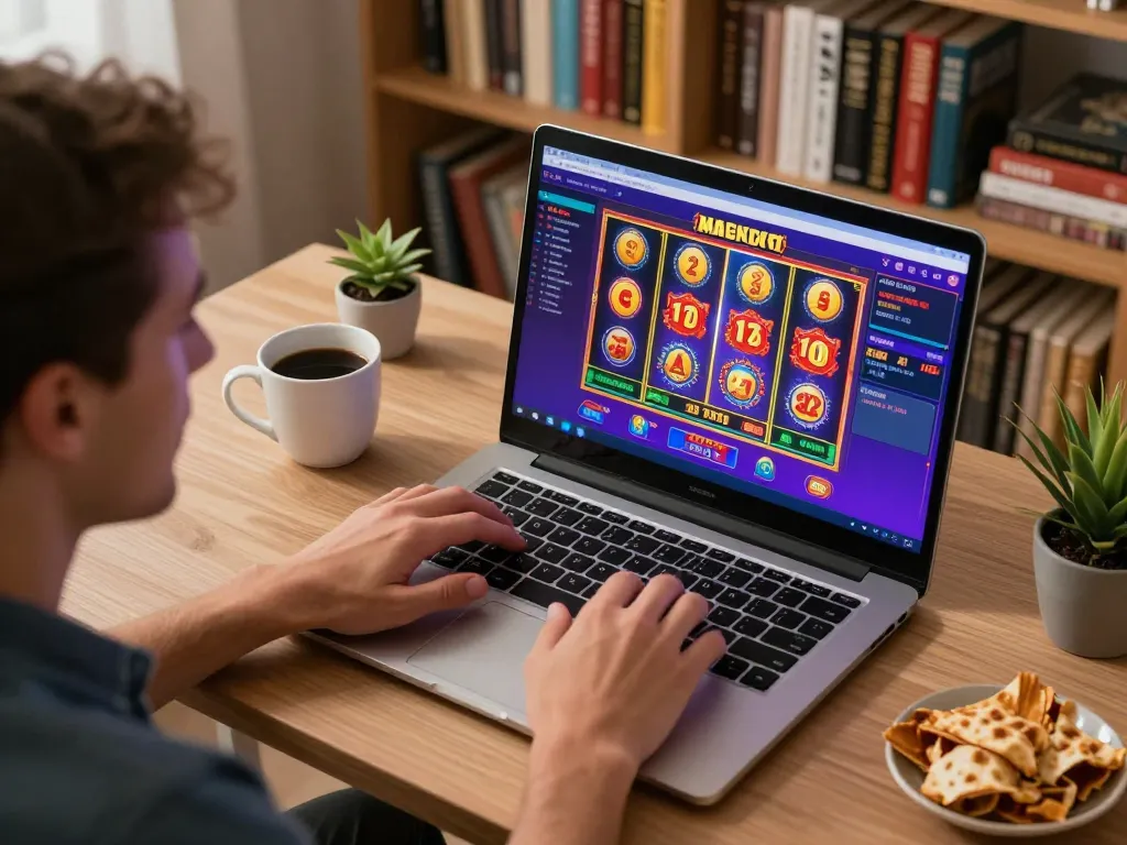 Excited player enjoying online games at fat fish cantina from a cozy home setup.
