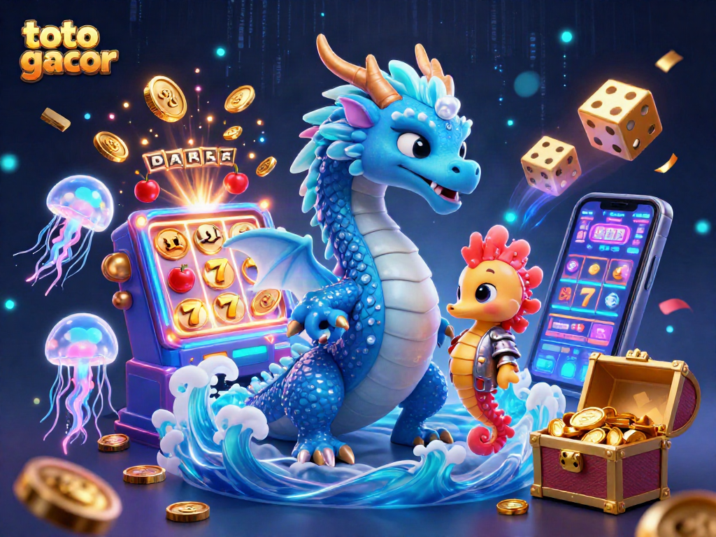 Toto gacor merayakan kemenangan di mesin slot 3D yang mengeluarkan koin dan simbol beruntung.