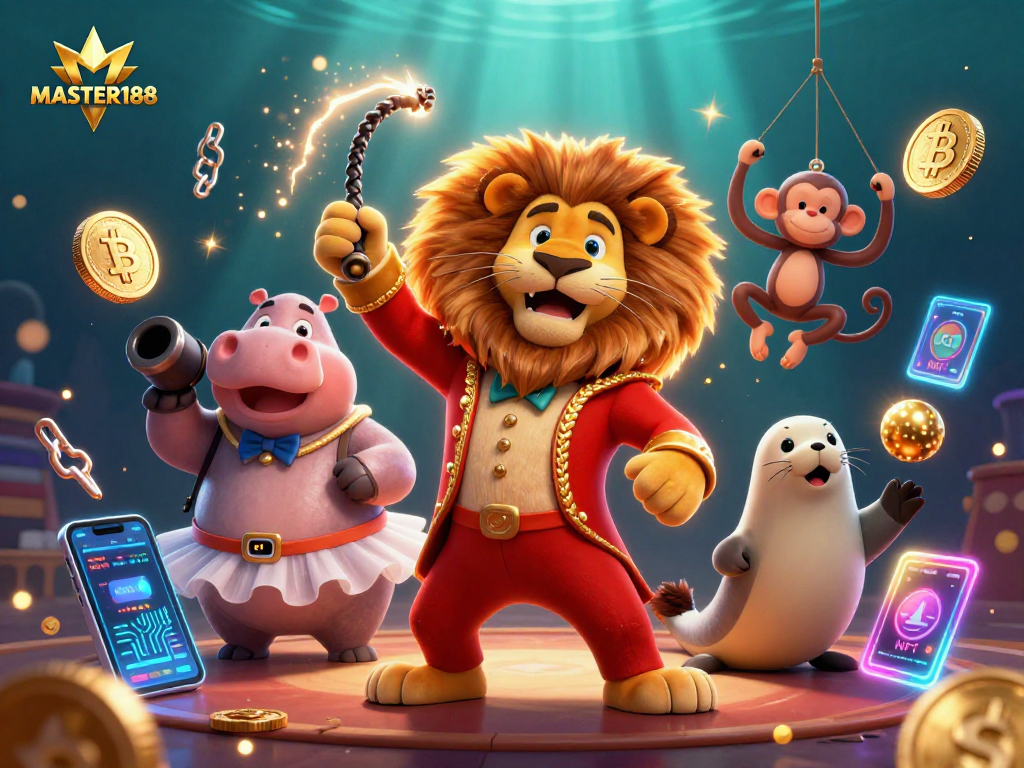 Play at MASTER188 with an exhilarating 3D casino scene featuring vibrant characters and crypto elements.