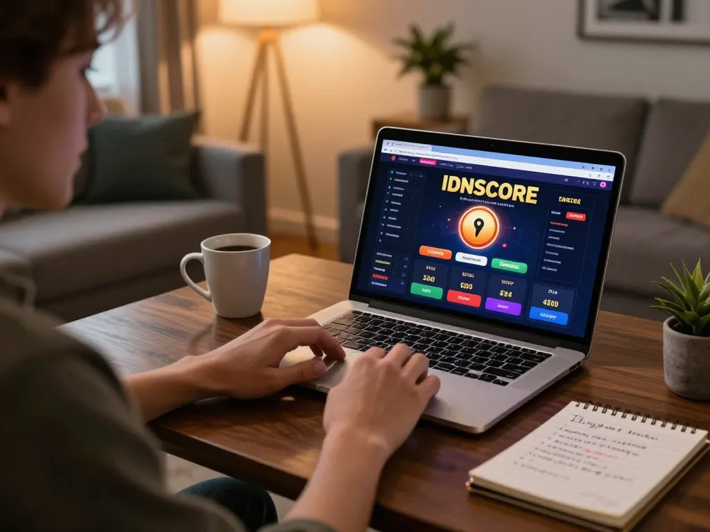 IDNSCORE online casino interface displayed on a laptop during at-home gaming session.